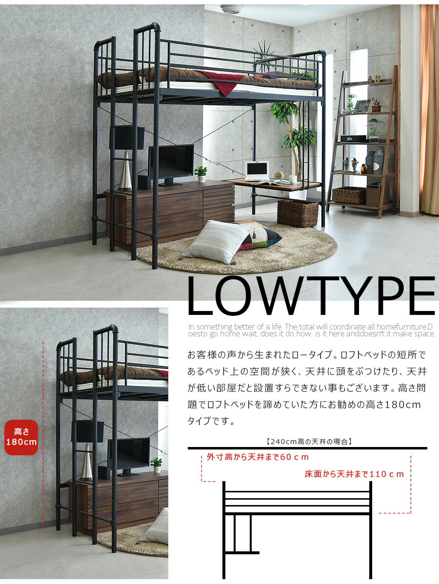 楽天市場】ロフトベッド 180cm高 ロータイプ ベッド パイプベッド
