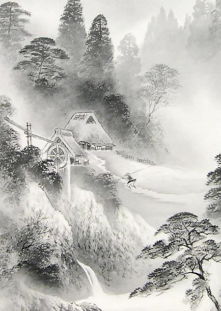 楽天市場】掛け軸 水墨山水 (堀江湖城) 送料無料 【掛軸】【一間床