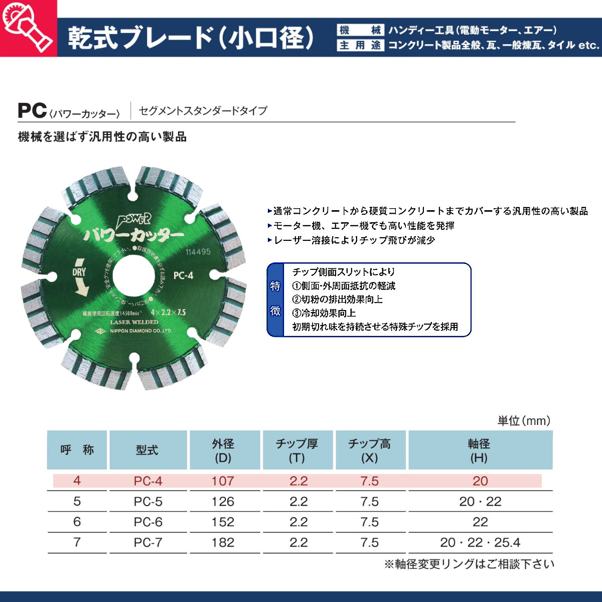 楽天市場】日本ダイヤモンド ブレード PC-4 (4) 20H パワーカッター