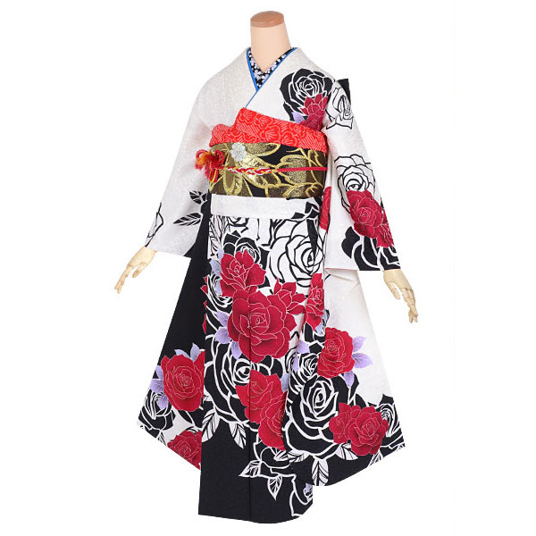 楽天市場】【成人式 振袖 レンタル】RS1632 正絹 黒白 大輪の薔薇（絹