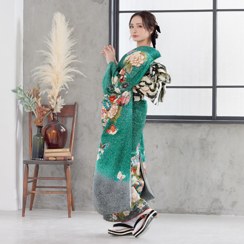 楽天市場】【成人式 振袖 レンタル】RS1179 正絹 緑 四季の花に蝶フル
