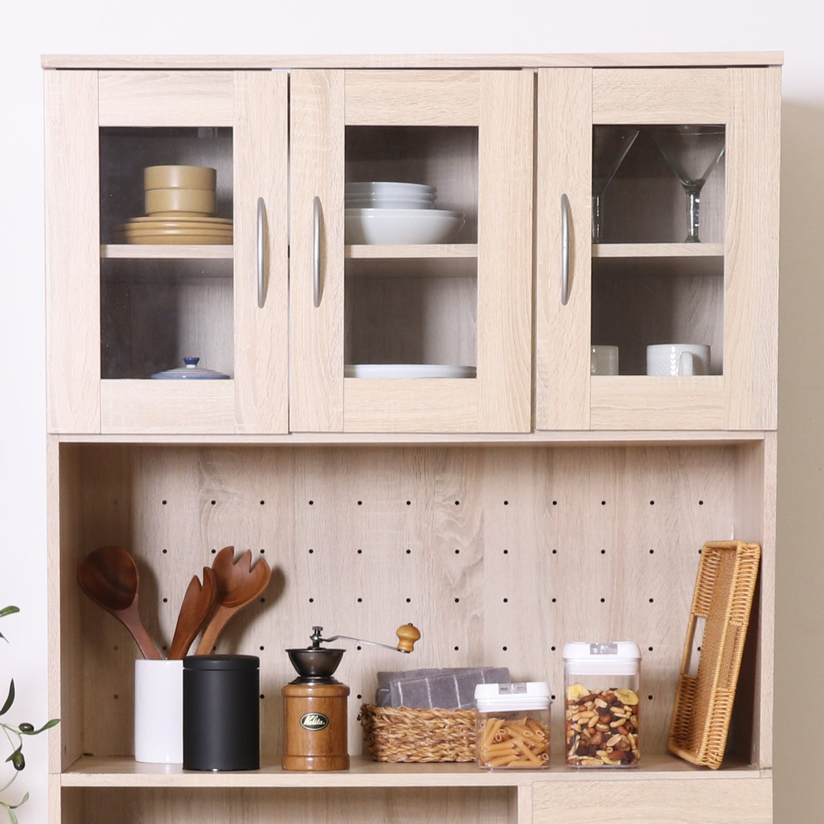 楽天市場】食器棚 ハイキッチンボード 幅88.5cm 木目調 2口コンセント