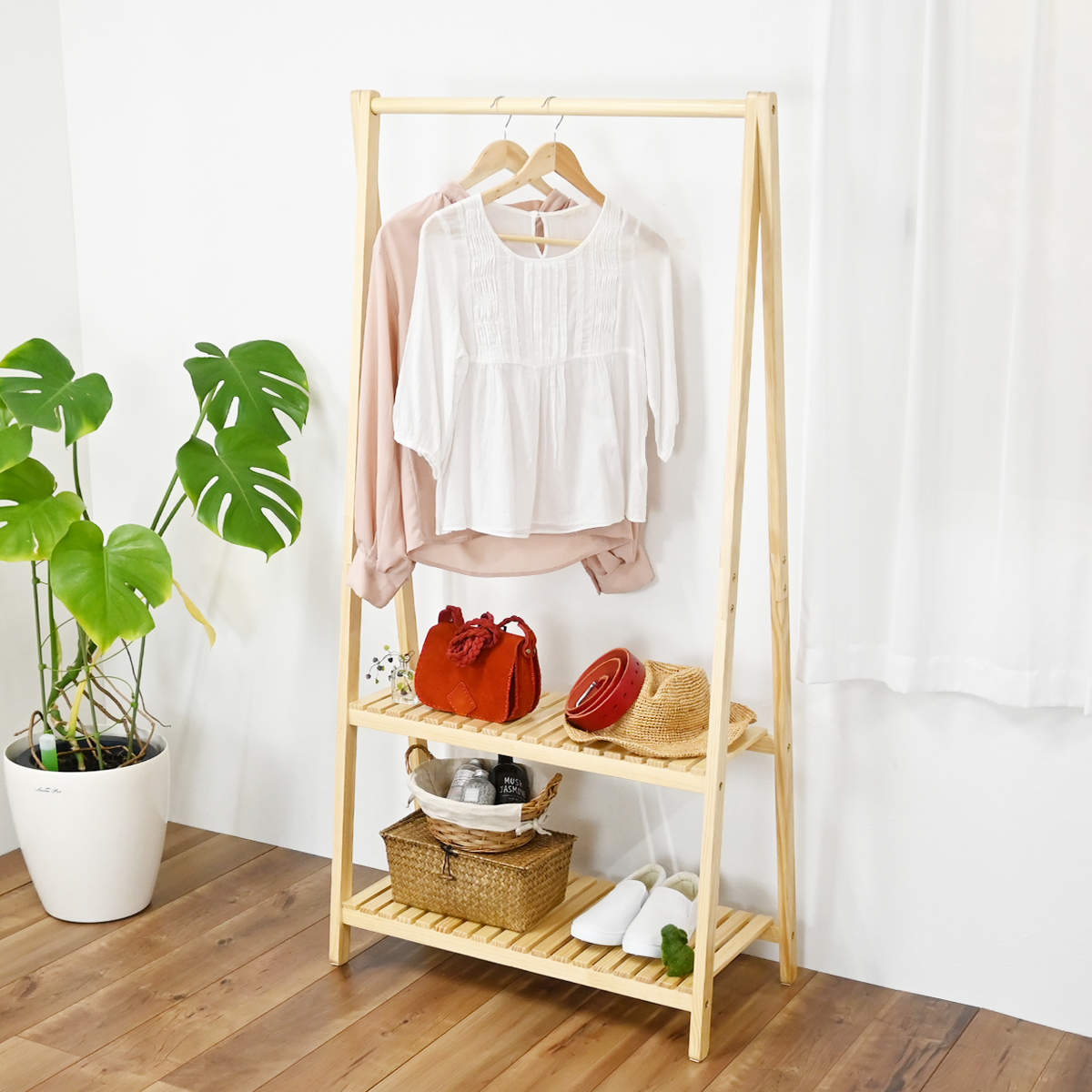 楽天市場】ハンガーラック A型 2段棚付 天然木フレーム 幅75cm
