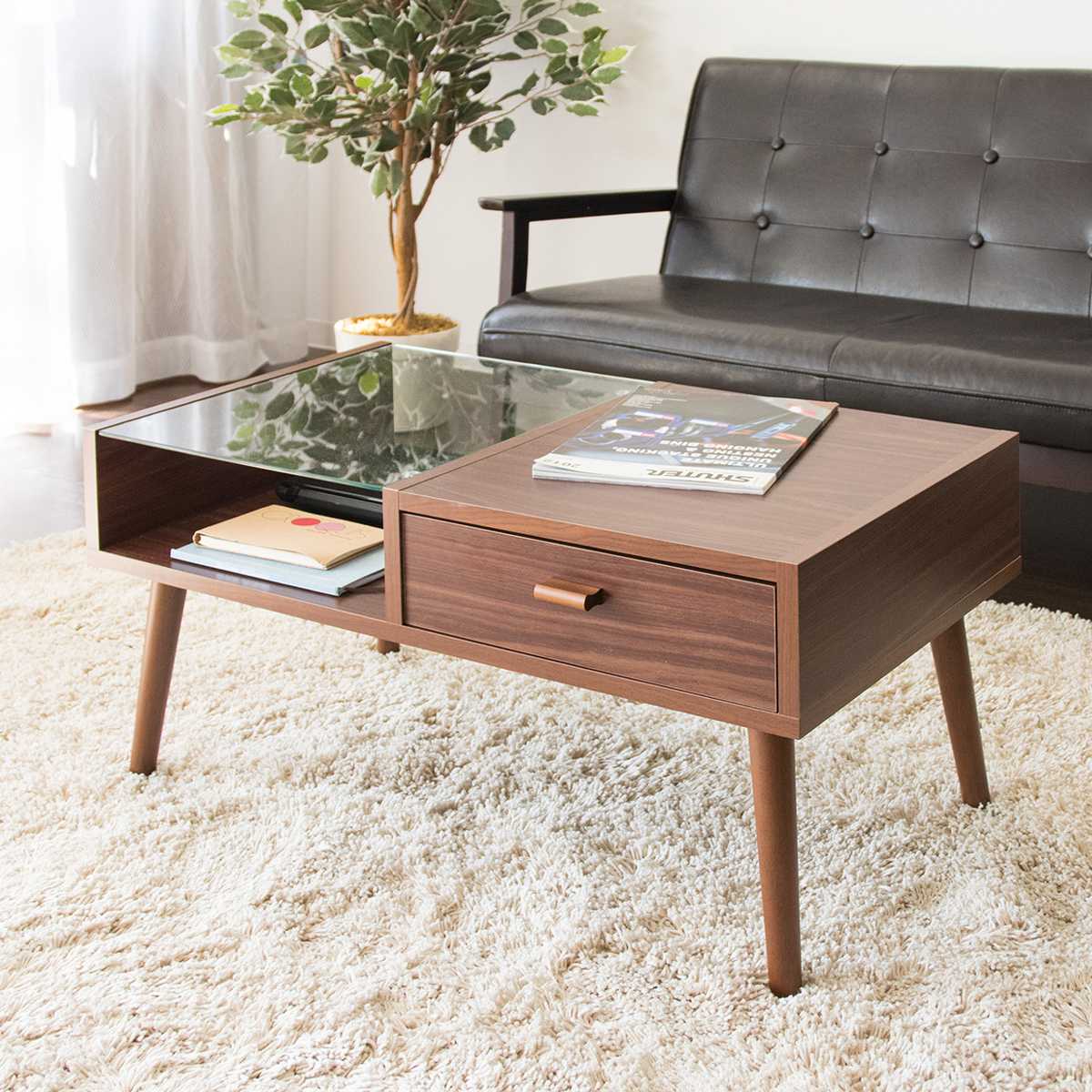 楽天市場】センターテーブル 幅80cm ガラス天板 収納 引き出し 木製