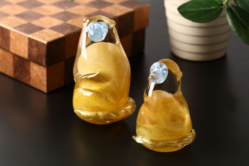 楽天市場】サル 猿 ガラス 干支 置物 金糸猴 親子 手作りガラス細工