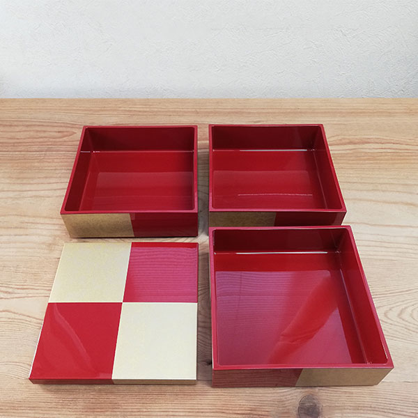 楽天市場】【取寄品】 市松GOLD 三段重 朱 ＜4寸サイズ＞お重箱 3段重