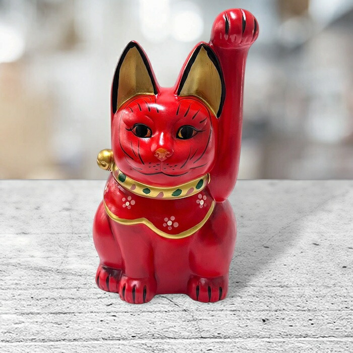 楽天市場】瀬戸焼 古色三河猫手長 大 赤 87206-579 招き猫 陶器