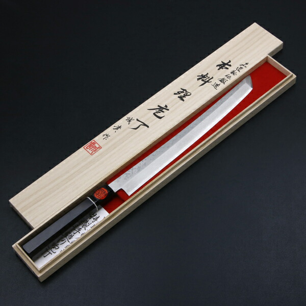 ステン本焼V金10号先丸柳刃包丁30cm黒水牛黒檀八角柄 V金10号本焼先丸