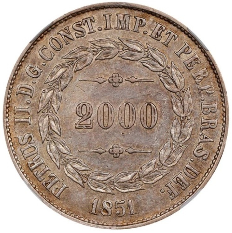 楽天市場】1851 年ブラジル国王ペドロ 2 世 2000 レイス銀貨、NGC AU53