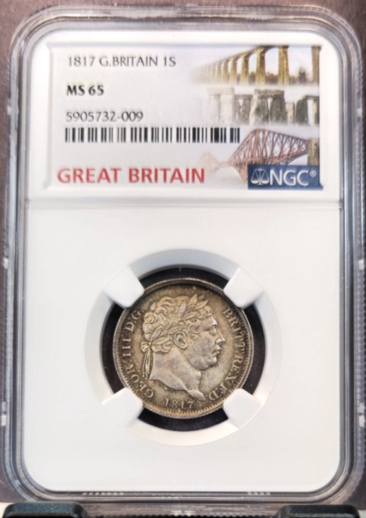 1817年 イギリス 銀貨 1シリング 国王ジョージ3世 NGC MS 65 希少宝石 BU