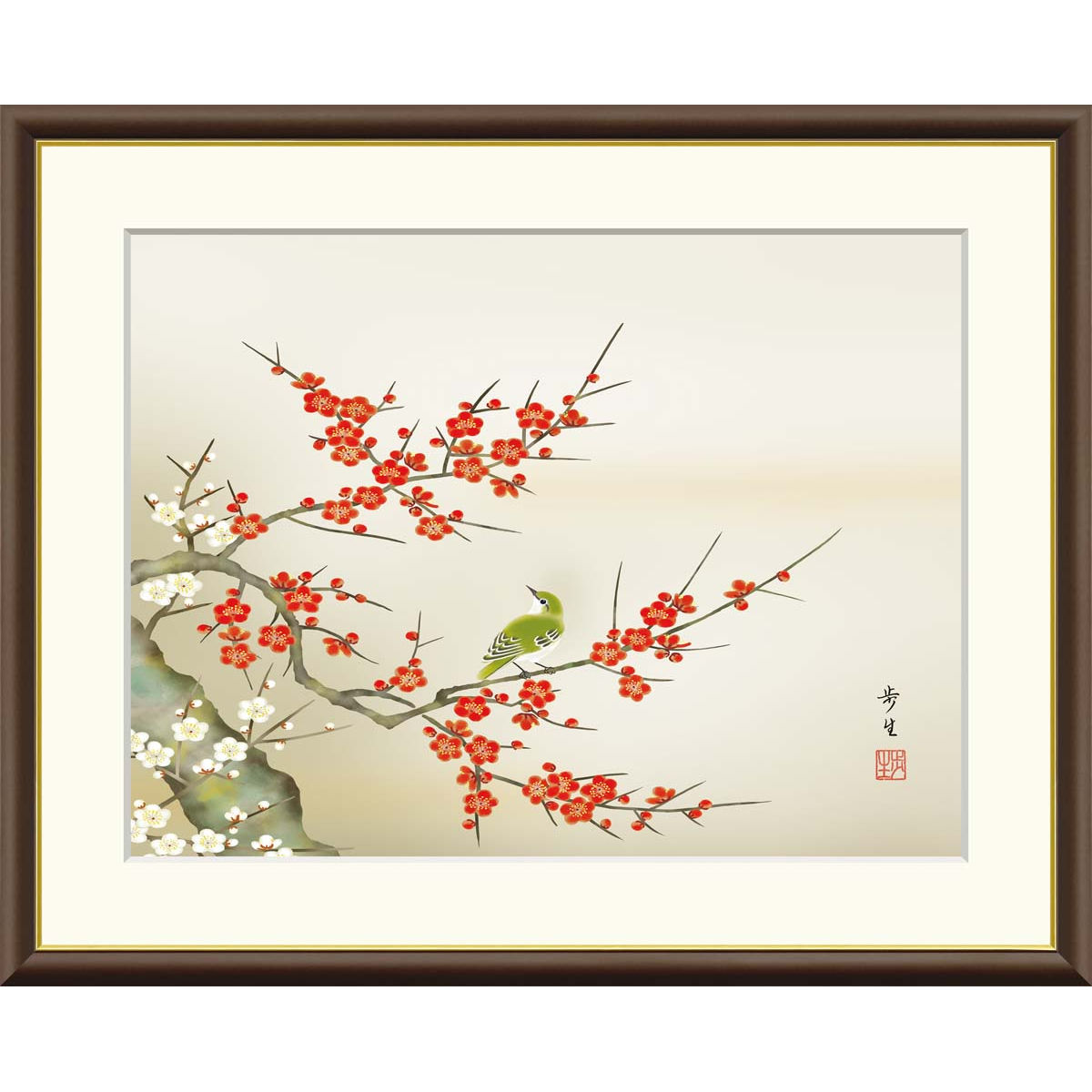 楽天市場】絵画 現代日本画 花鳥画 春飾り 紅白梅に鶯 北山歩生 額入り
