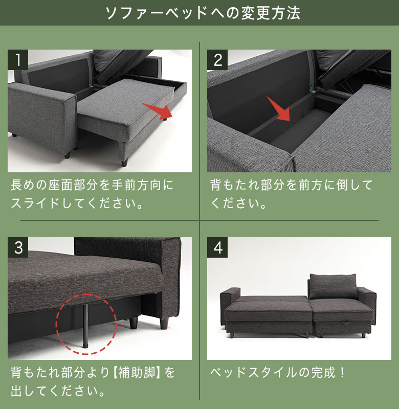 楽天市場】ソファ カウチソファ ソファーベッド 3人掛け 収納付き