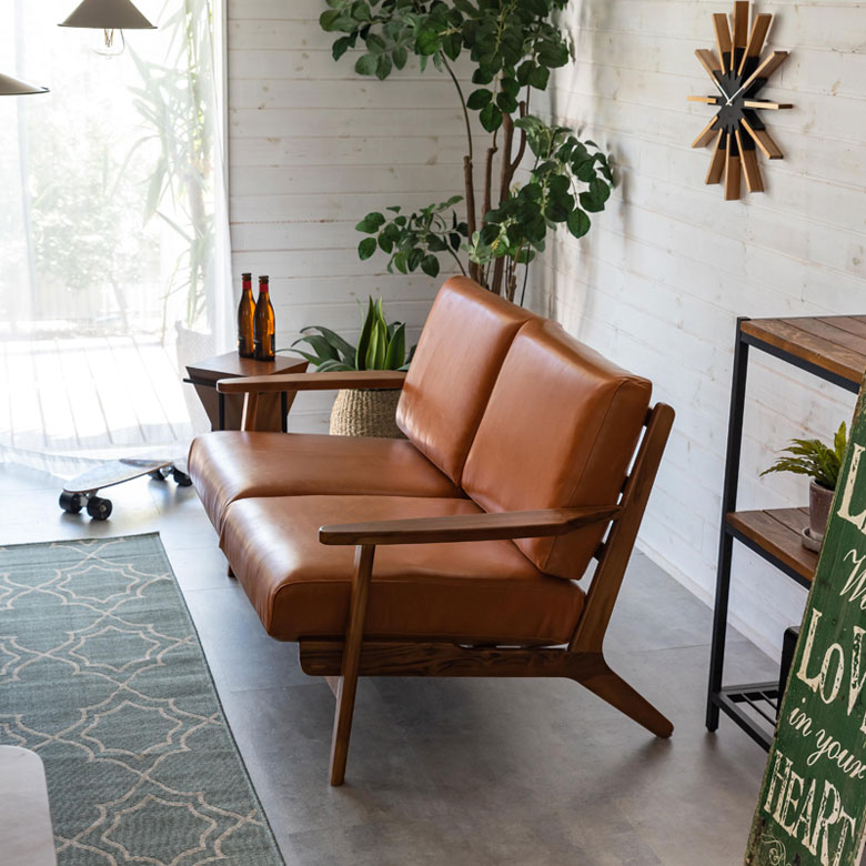 楽天市場】ソファ 2人掛け 本革 木 幅 125cm キャメル ブラウン レザー