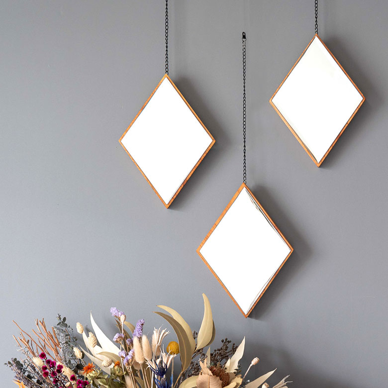 楽天市場】ミラー 鏡 ひし形 木 飛散防止 3個セット W 20 × D 3 × H