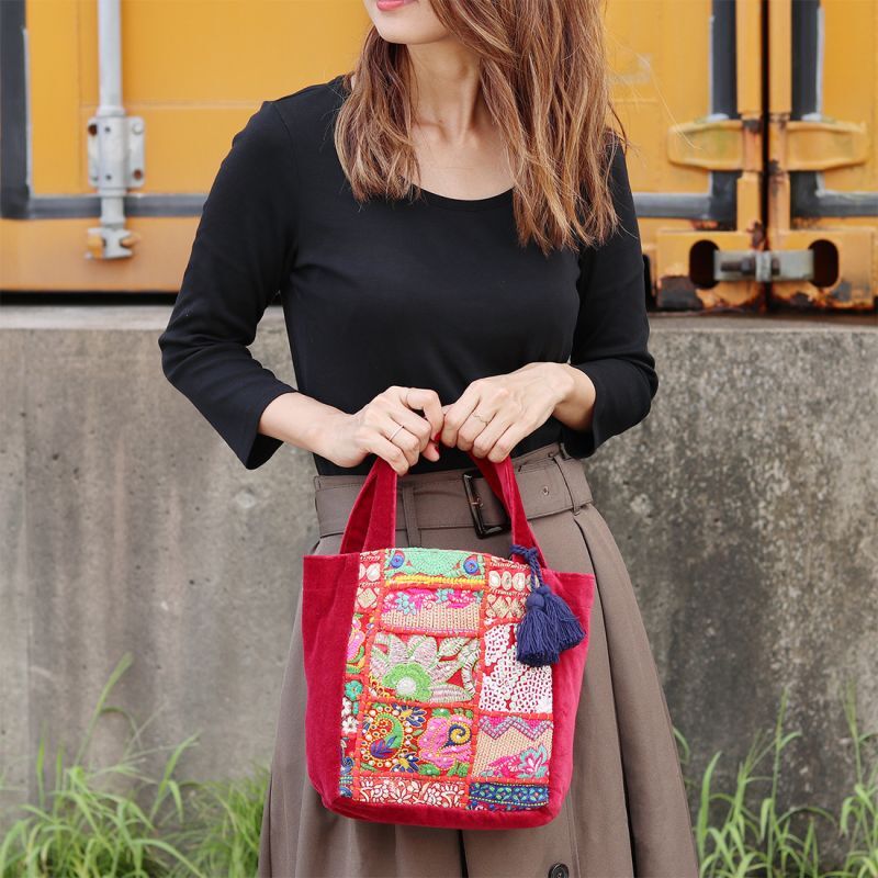 カンバディア ミニトートバッグ インド伝統柄 キラキラ刺繍