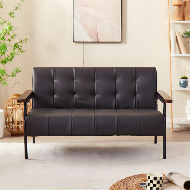 木肘ソファ ブラウン アンティーク調 レトロ デザイン 合成皮革