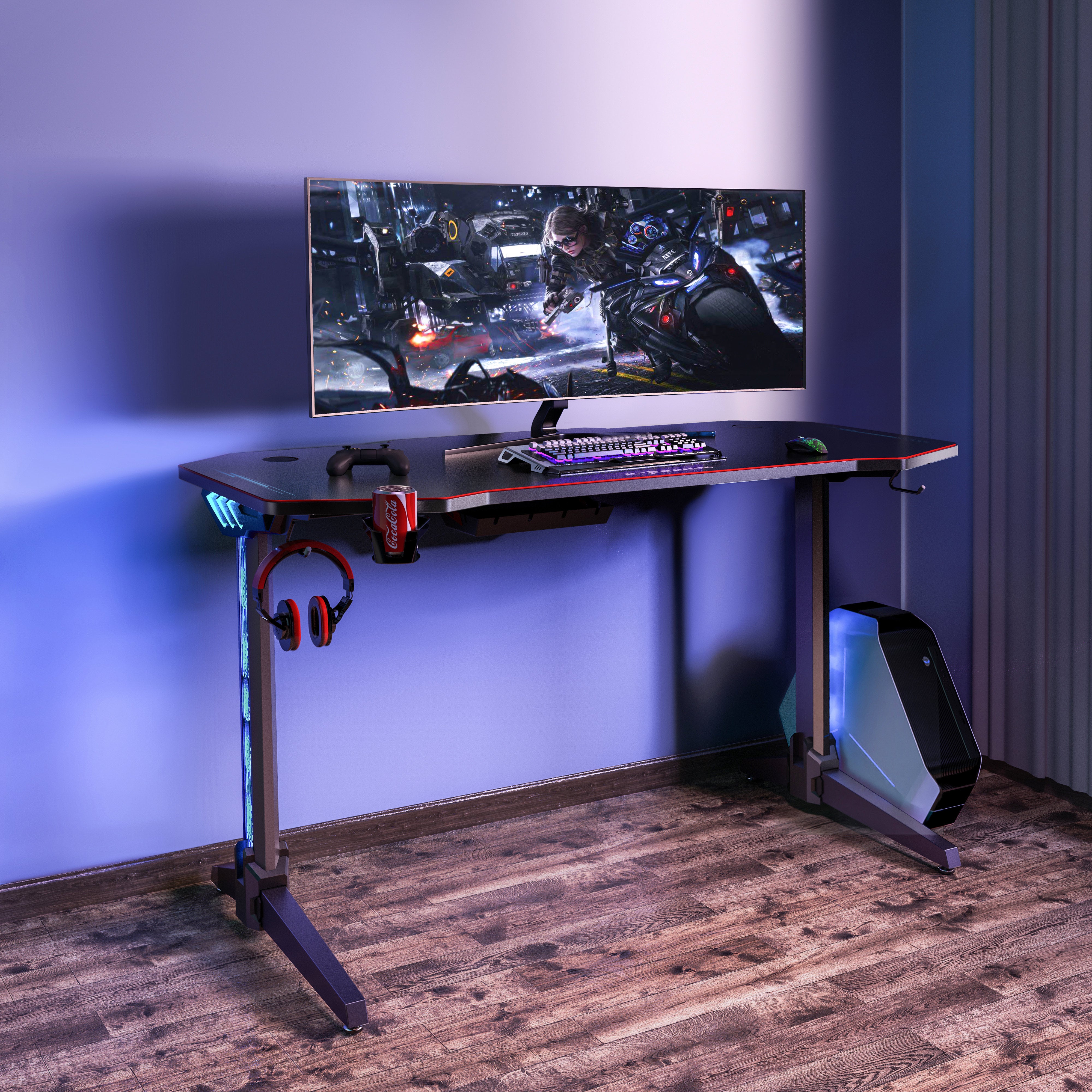 ゲーミングデスク LED付き 幅140cm×奥行65cm パソコンデスク PCデスク