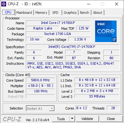Intel Core i7 14700KF @ 5800 MHz - CPU-Z VALIDATOR