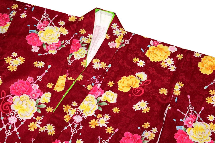 音符柄 花模様 地模様入り ワインレッド 女児七才 四ッ身 七五三 着物