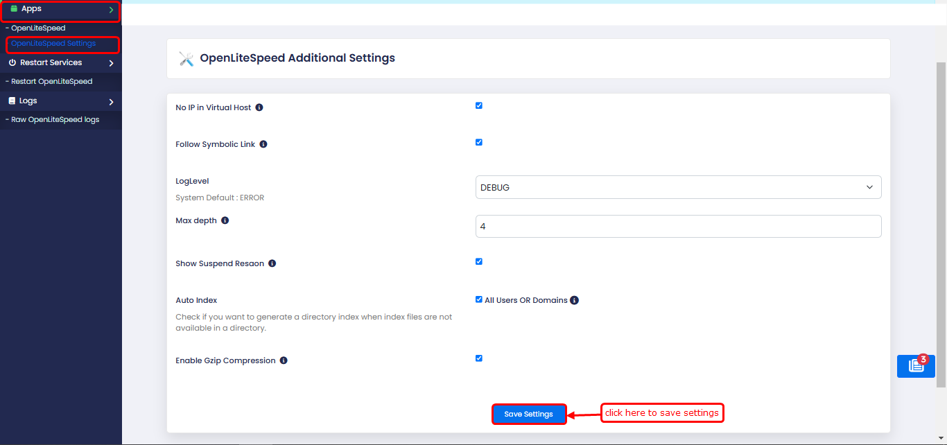 OpenLiteSpeed Settings – Webuzo