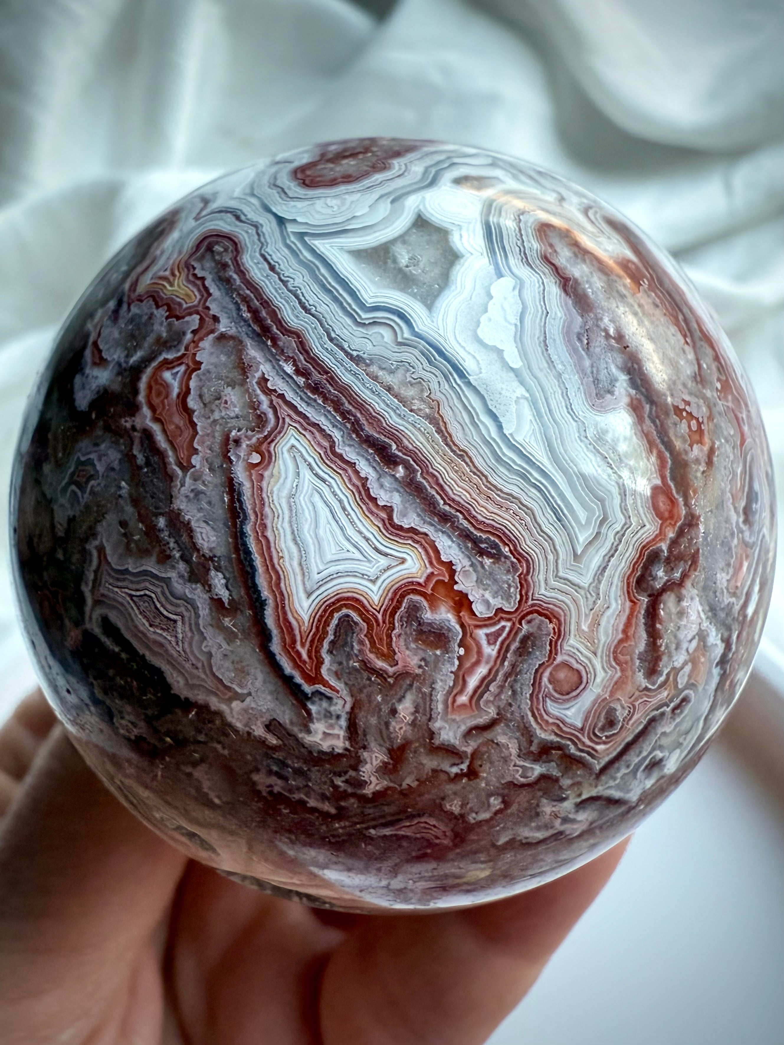 Crazy Lace Agate Sphere – Burgundy Swirls & Druzy Caves for Joy