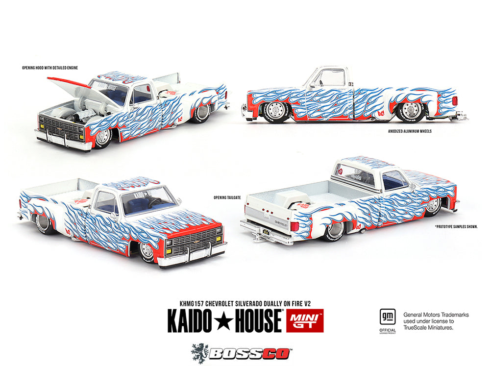 MINI GT - KAIDO HOUSE CHEVROLET SILVERADO DUALLY ON FIRE V2 WHITE