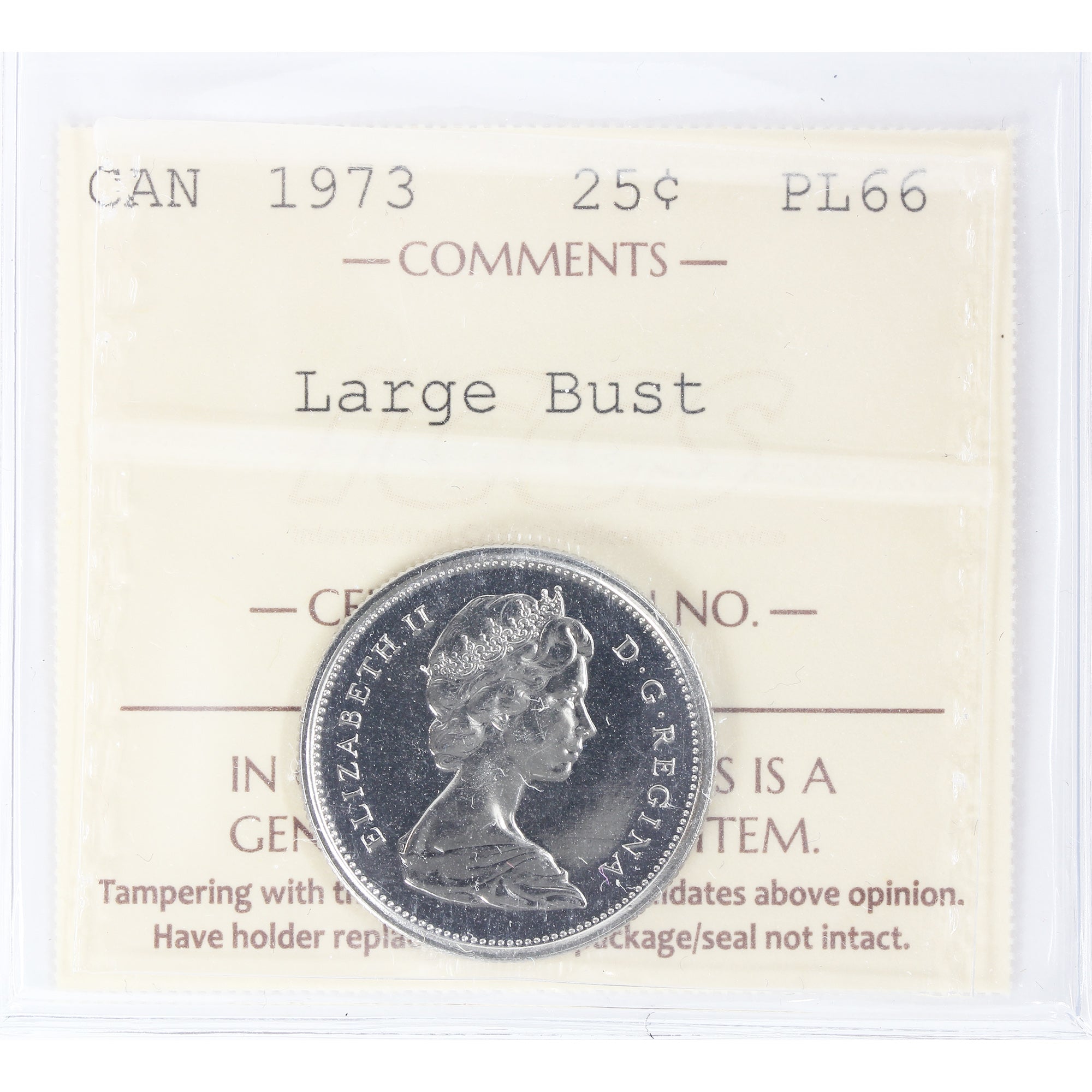 1973 Large Bust Canada 25-cents ICCS Certified PL66 – Colonial
