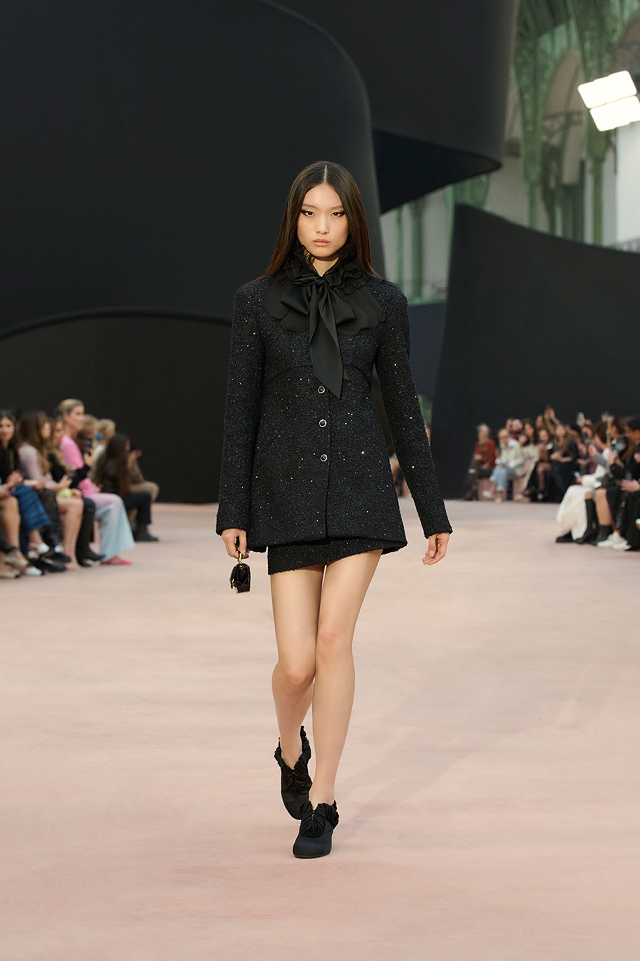 ジャケット - スパンコール ツイード & シルク オーガンザ、ブラック