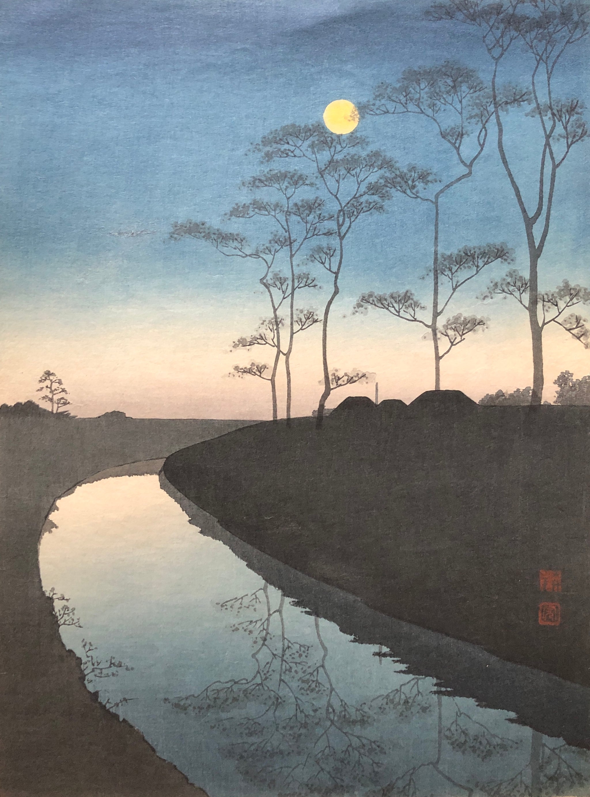 庄田耕峯「Moonlit Sea(月明かりの海)セピア」本物木版画、初期摺り