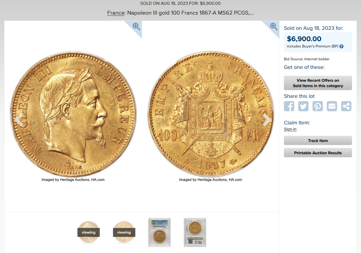 フランス｜1865年有冠ナポレオン3世100フラン【MS62】｜アンティーク