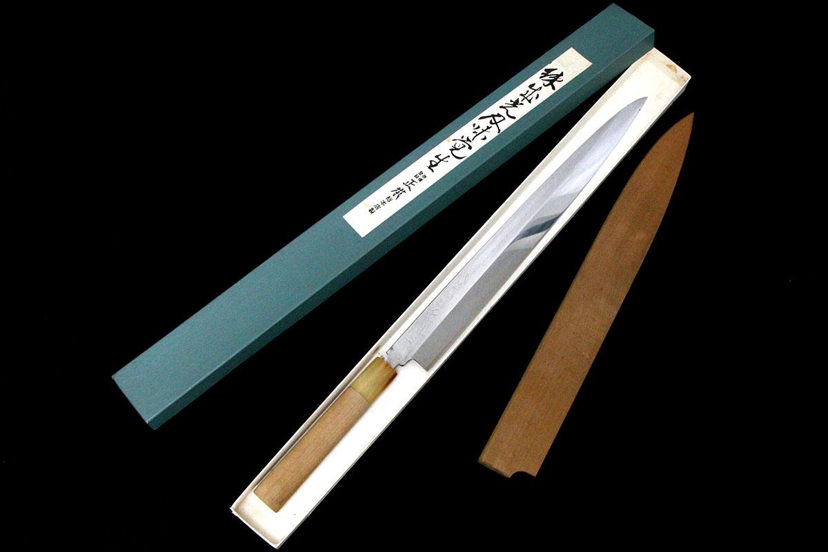 柳刃包丁 尺二 本焼 純日本鋼 切刃鏡面 朴柄 白鞘・箱付 λA5084-2L3A