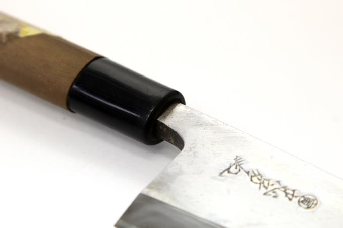 丸寅 出刃包丁 四寸半 (実寸：刃渡り141mm) 霞 PC口輪 朴栗型柄 箱付