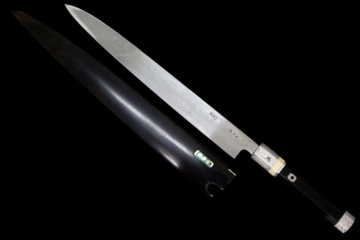 柳刃包丁 尺一 本焼 平鏡面 象牙 銀巻 黒檀柄 目釘留 黒檀鞘・袱紗・御