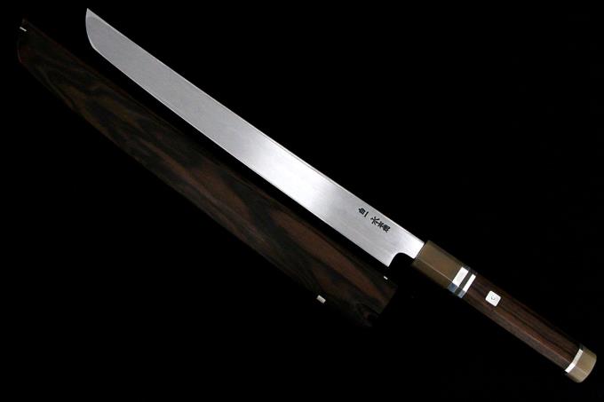 天之一神 先丸蛸引包丁 尺一 白一鋼 水本焼 銀巻柄 目釘留 鞘・袱紗