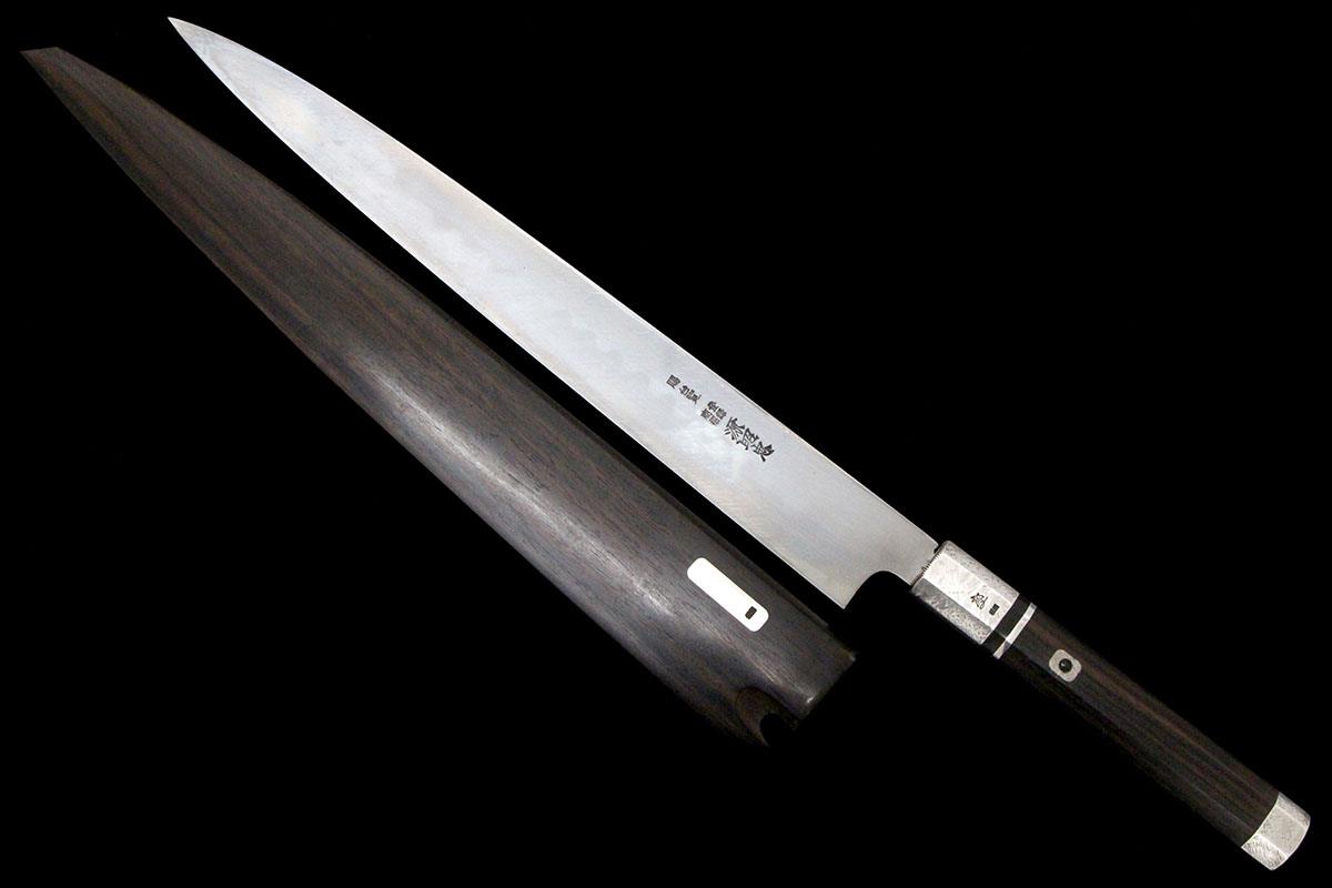 柳刃包丁 本焼 尺一 上下純銀黒檀柄 目釘留 黒檀鞘付 KN02-A8603-2L3D