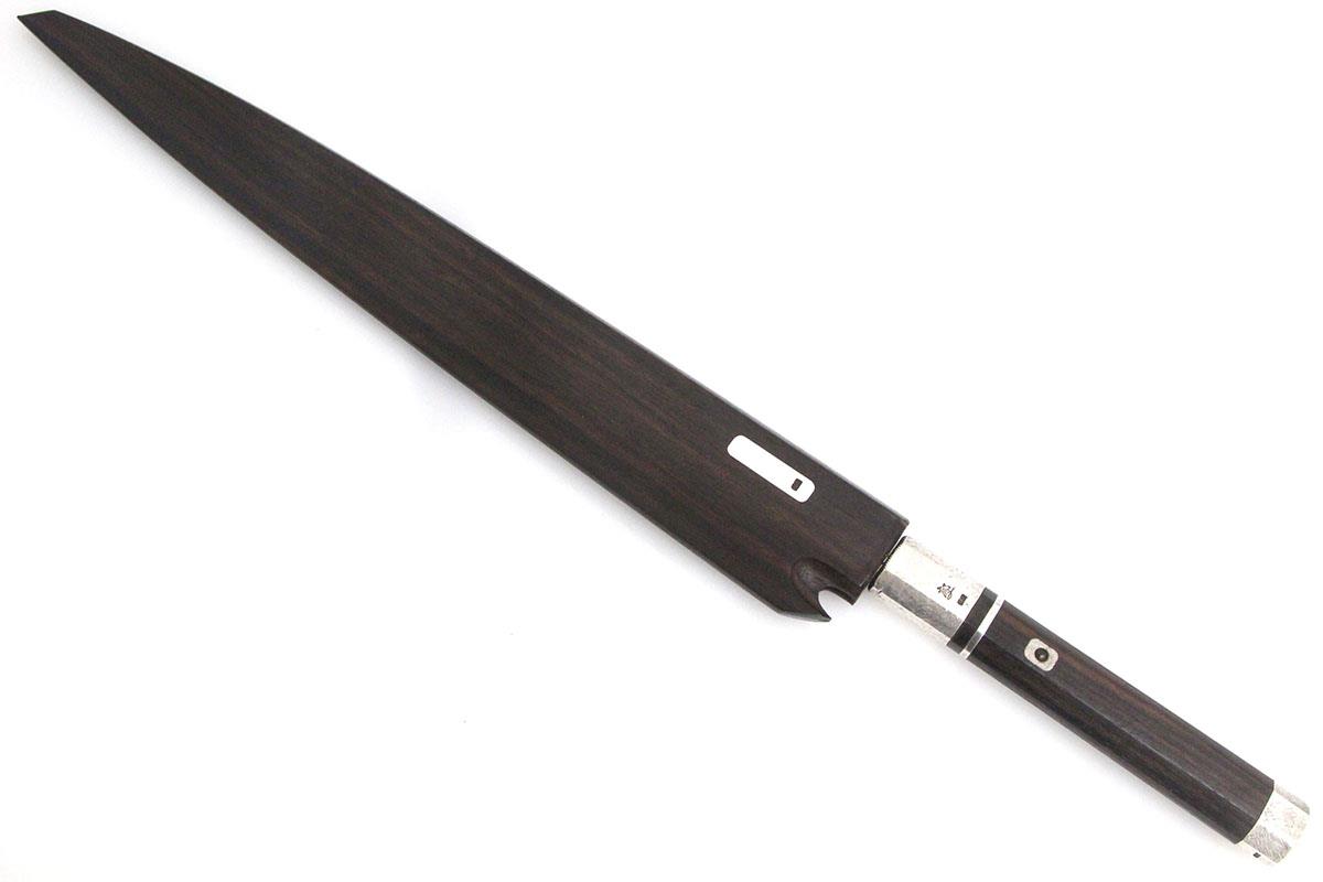 柳刃包丁 本焼 尺一 上下純銀黒檀柄 目釘留 黒檀鞘付 KN02-A8603-2L3D