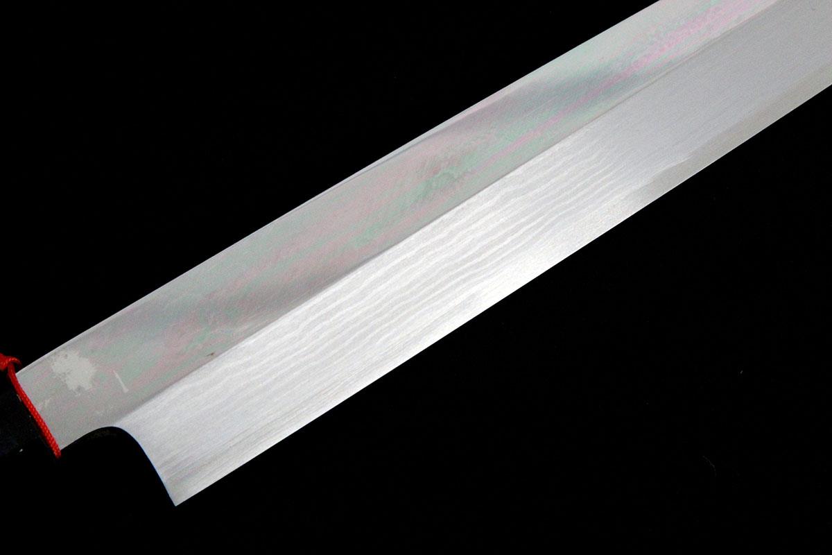 柳刃包丁 九寸 純正鋼 積層 平鏡面 賜台覧 朴柄 箱付 KN02-A9464-2L4