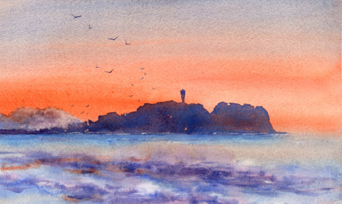 水彩画原画 朝焼けの江の島 #603」 by syoumei｜Artmeter｜暮らしを