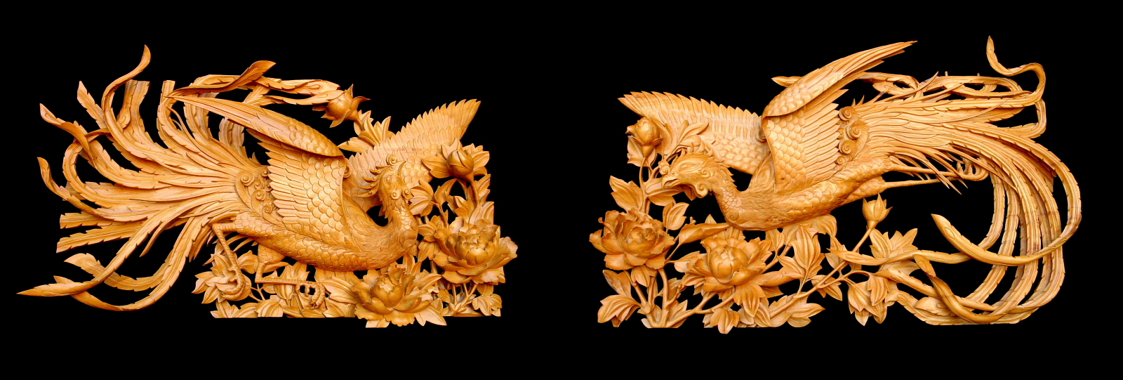 欄間】鳳凰(金塗装) 3尺×0.5尺×0.4寸 509 欄間彫刻 鳳凰2羽 欄間】鳳凰