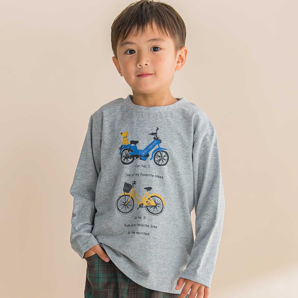 自転車プリント天竺ドロップショルダーTシャツ(80~130cm)(80cm グレー