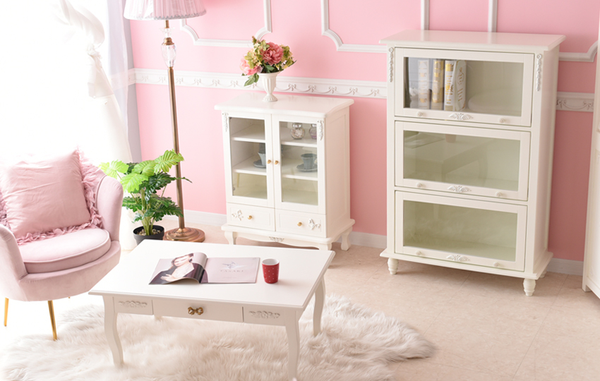 スノーホワイト プリンセス スライド本棚 キャビネット 3段 | ロココ調