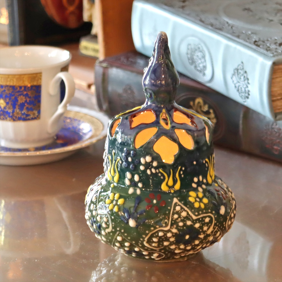 陶器のキャンドルホルダー H16cm ブルー/グリーントルコ製 キュタフヤ