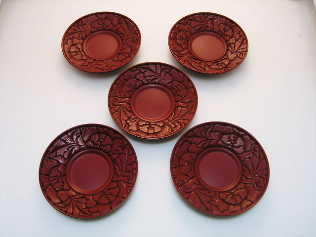 工芸品・煎茶道具・漆器・茶托・村上木彫堆朱・堆朱牡丹紋茶托4寸・五