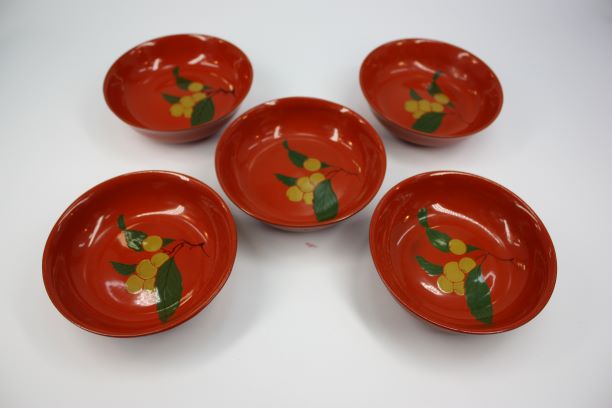 古道具・昭和レトロ・漆器・銘々皿・朱塗枇杷銘々皿五枚 茶道具