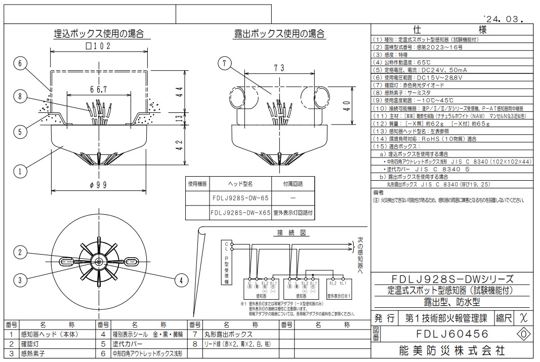 FDLJ928S-DW-X65 能美防災 定温スポット型熱感知器 特殊 露出型 P-AT