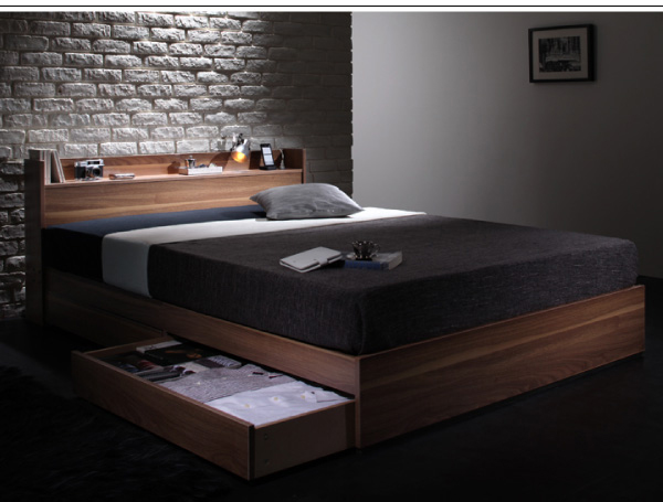 ウォルナット柄/棚コンセント引出し収納ベッド【Espelho】エスペリオ