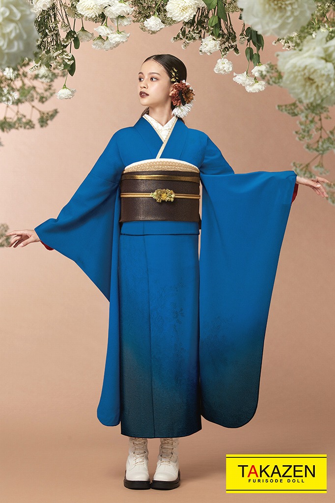 ヴィンテージスタイル 青(ブルー) 無地 グラデーション シンプル振袖