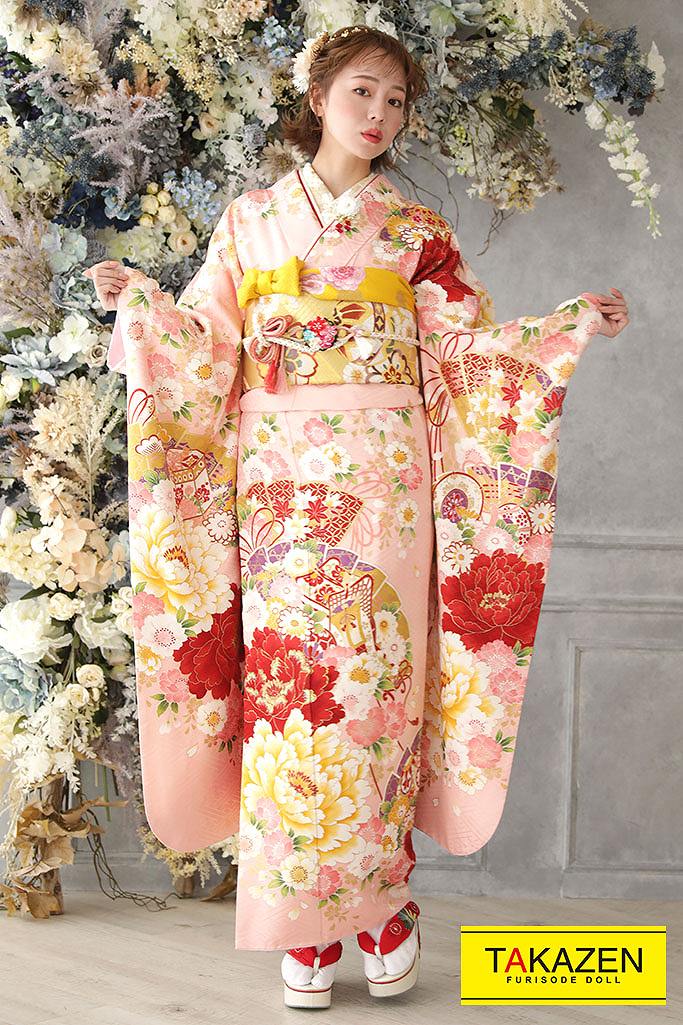 正統派古典 ピンク/赤 牡丹柄/大柄 おしとやか かわいい古典振袖ネット