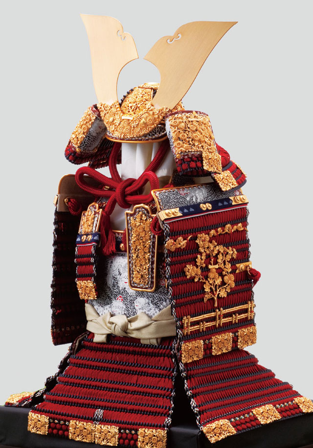 菊の飾り金物の大鎧 五月人形 菊一文字金物赤糸威模写大鎧－小木人形