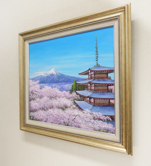 絵画 油絵 富士と塔と桜 （木村由記夫） 送料無料 【肉筆】【油絵